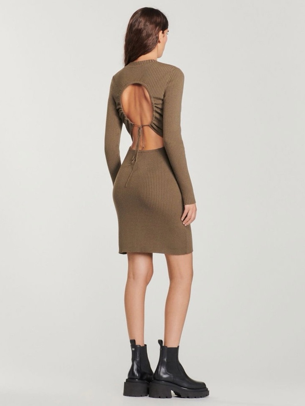 SANDRO • Althea Ribbed Knit Open Back Dress in Kaki